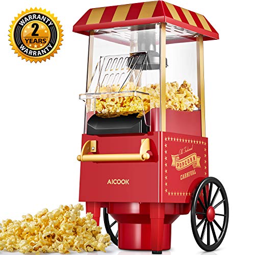 Aicook Machine à Pop Corn, 1200W Retro Machine à Popcorn avec Air Chaud, Sans Gras Huile, Facile á L'utilisation, Rouge