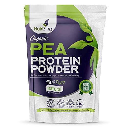 Poudre de protéines de pois bio de NutriZing - 80% de Protéine - Plus de 30 portions et 1 mois d'approvisionnement - pour les végétariens et les végétaliens - construire les muscles - 1Kg Organic