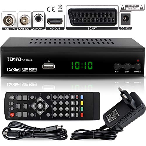 Tempo 4000 Decodeur TNT HD pour TV / Decodeurs TNT HD / TNT pour TV / Décodeur TNT HD Demodulateur TNT FULL HD Recepteur TNT HEVC Tuner TNT Boitier TNT Adaptateur TNT Parabole HDMI Peritel, Noir
