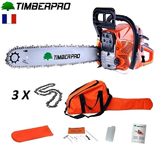 Tronçonneuse Timberpro 62 cm3 guide de 50 cm avec 3 chaines + housse de transport