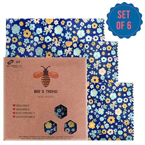 Bee's Trend Lot de 6 Emballages en cire d'abeille, emballages alimentaires naturels, zéro déchet pour fromage et sandwiches, couvre-plats lavables Blue (Flower Pattern)